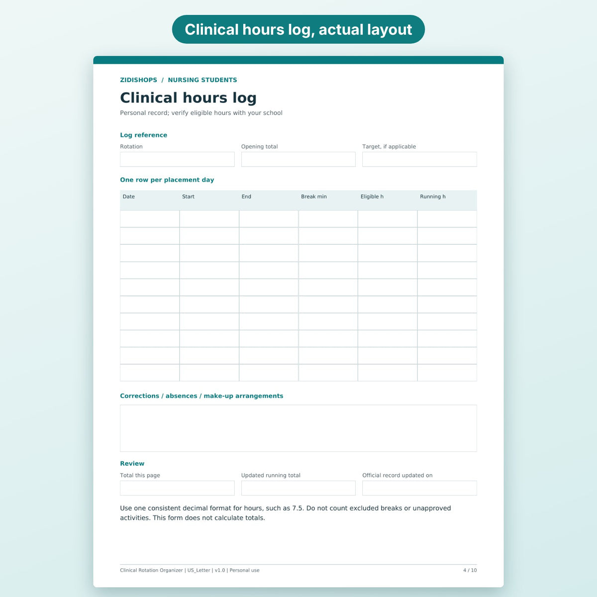 Clinical hours log page