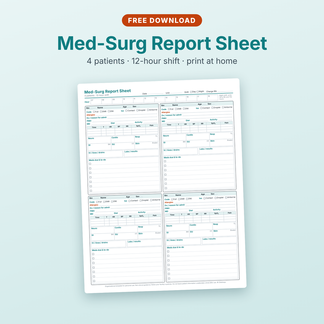 Printable nurse brain sheet for a 4-patient med-surg shift