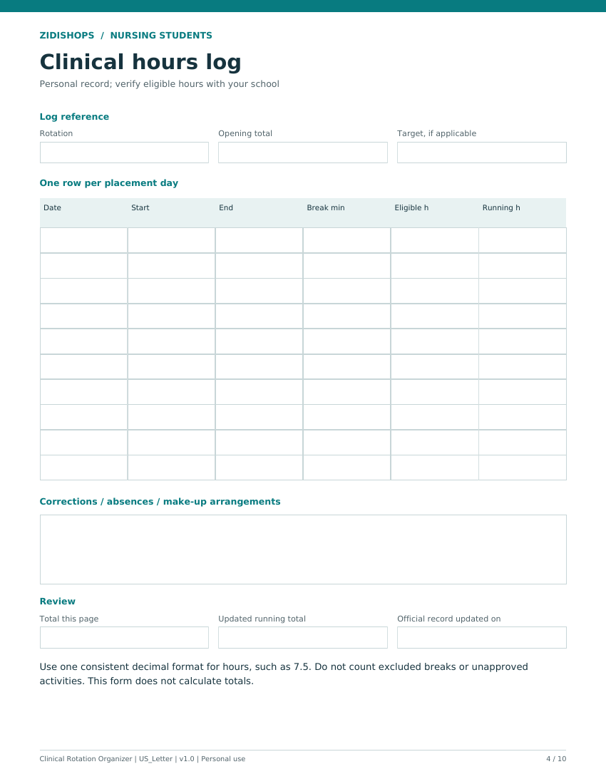 Blank clinical hours log with date, start, end, break and running-total columns
