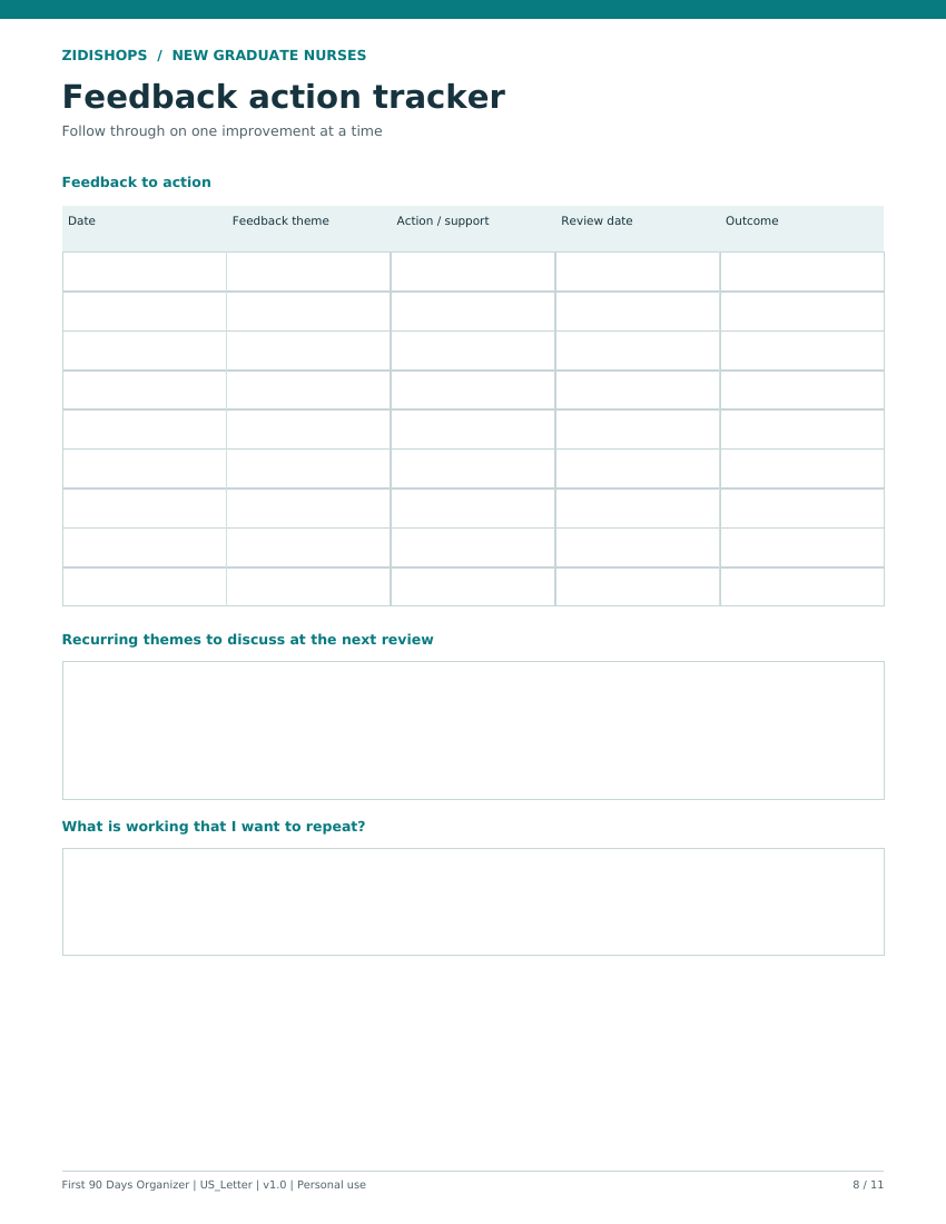 Feedback action tracker with columns for feedback theme, support, review date and outcome