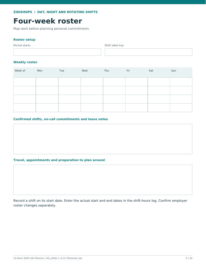 Four-week roster page showing margins around the template and footer