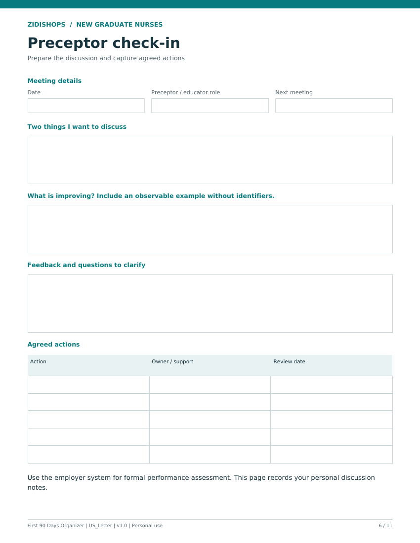 Example of the blank fillable preceptor check-in layout with short fields and larger note boxes