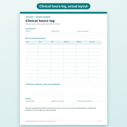 Clinical hours log page