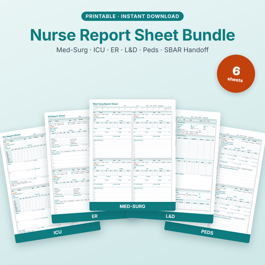 Nurse report sheet bundle: Med-Surg, ICU, ER, L&D, Peds and SBAR printable sheets