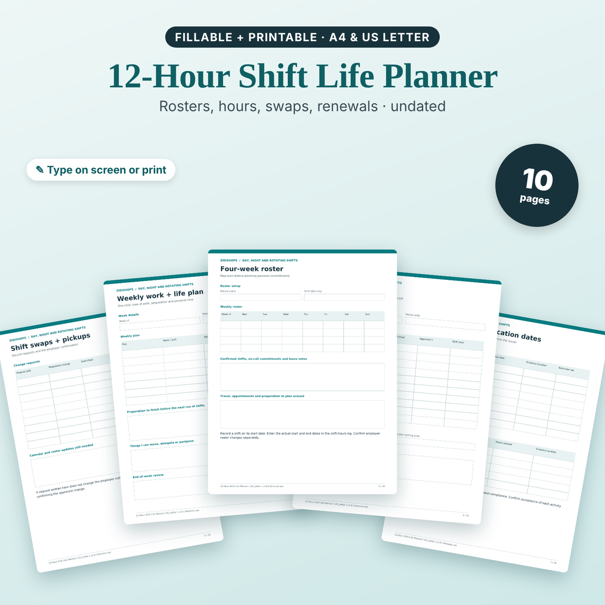 12-Hour Shift Life Planner for nurses, undated fillable and printable PDF