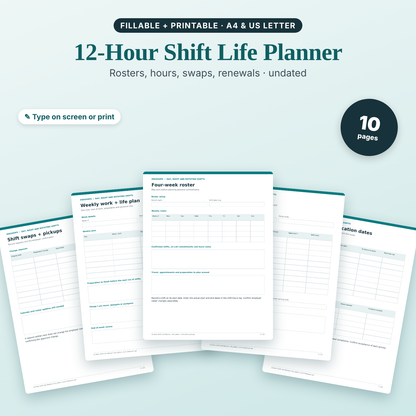 12-Hour Shift Life Planner for nurses, undated fillable and printable PDF