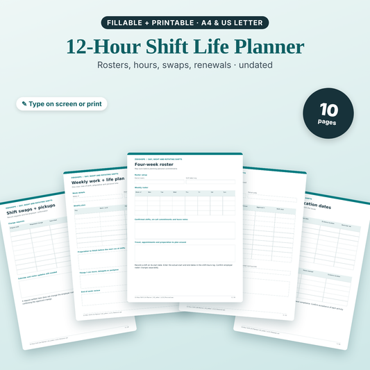 12-Hour Shift Life Planner for nurses, undated fillable and printable PDF
